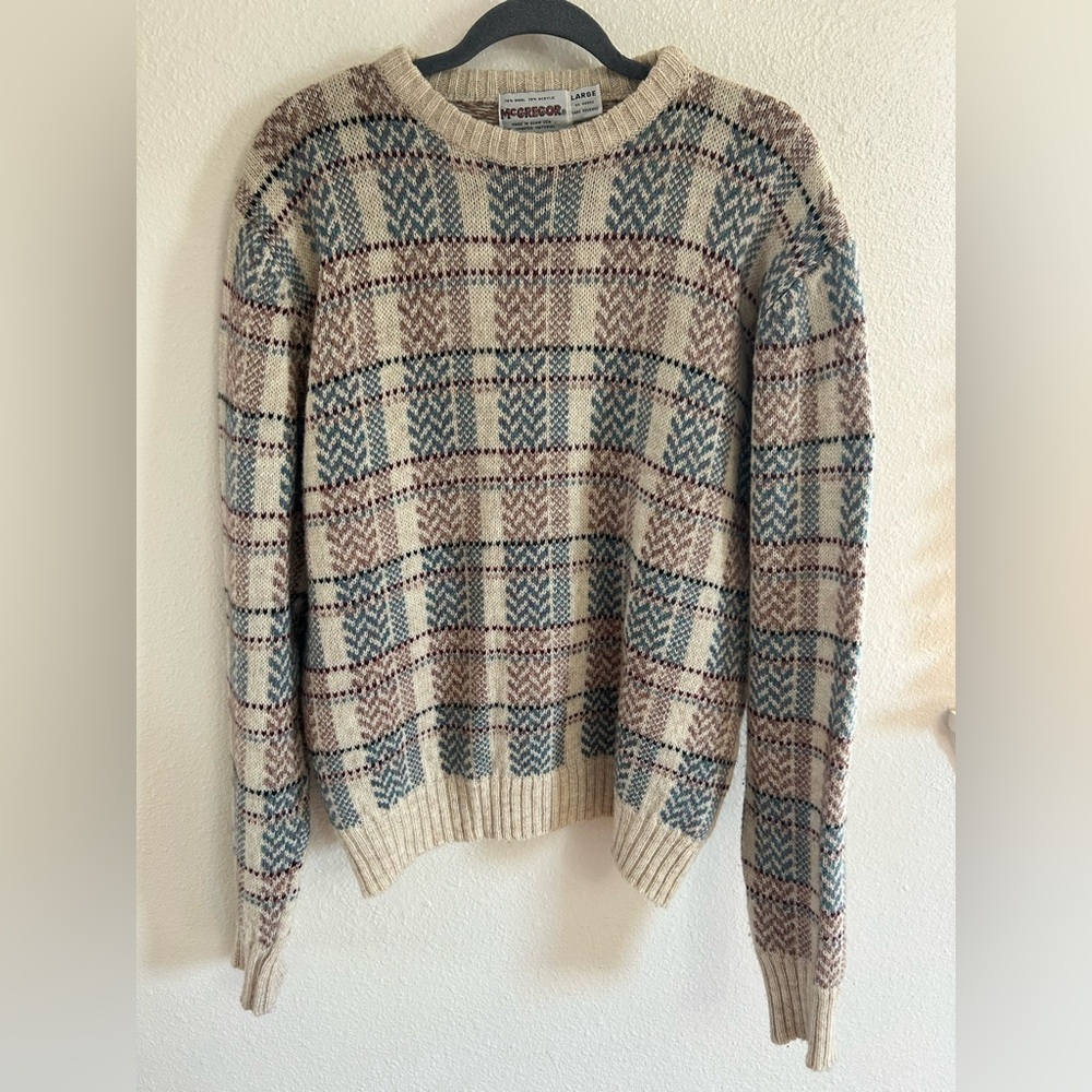 McGregor Cream Plaid Crewneck Sweater with Blue and Brown Accents